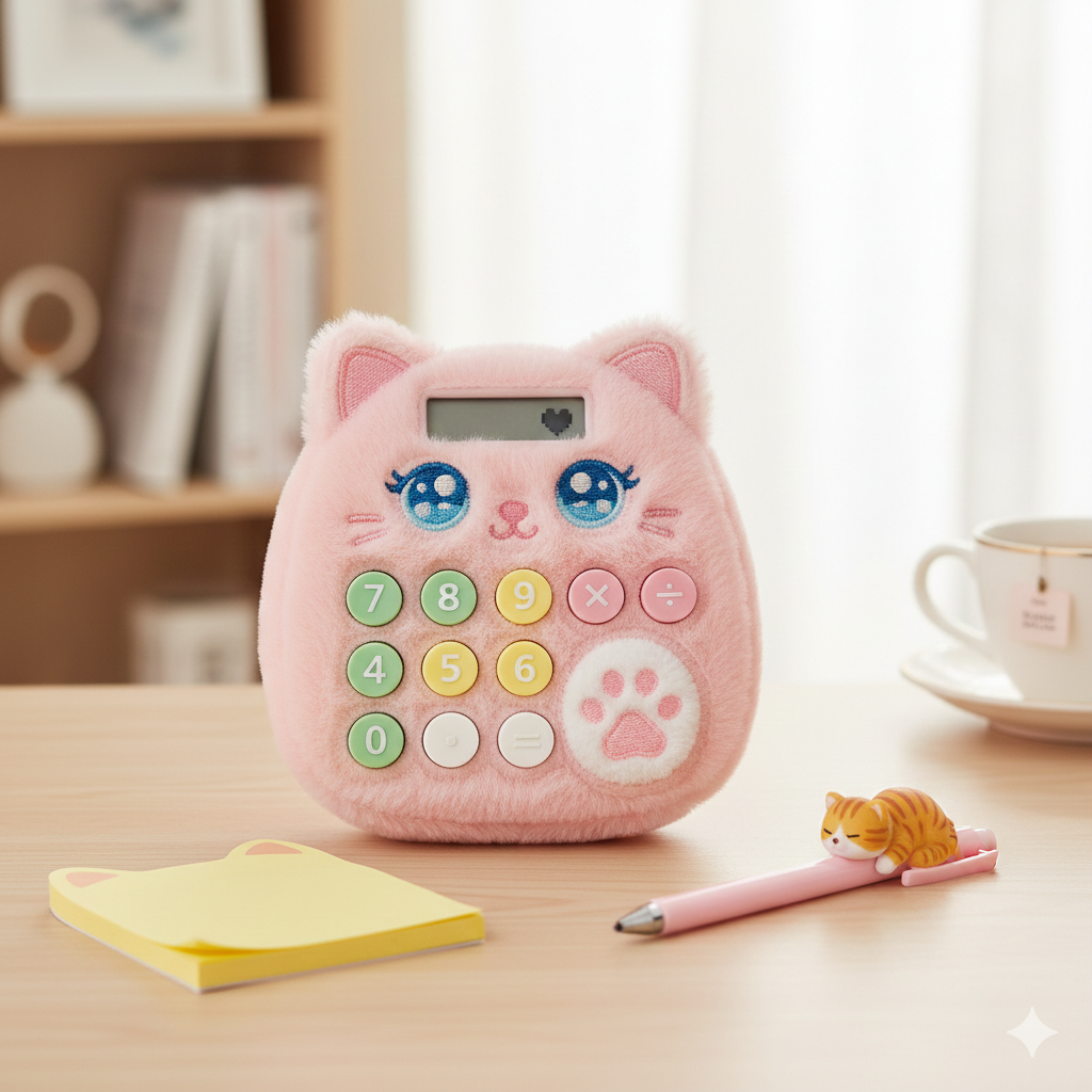 Imagem gerada por ia de uma calculadora rosa de pelucia em formato de gatinho fofo.
